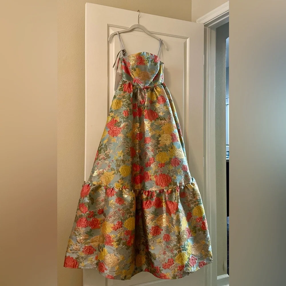 Mac Duggal Multicolor Strapless Floral Brocade Dress with Ruffles size 0 - Picture 7 of 7